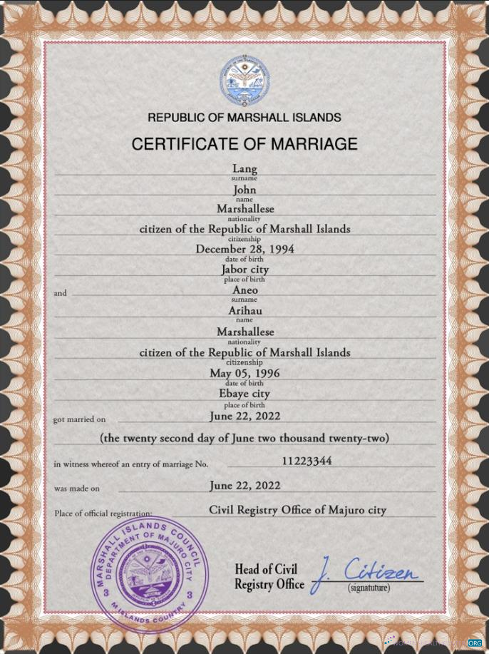 Download Marshall Islands marriage certificate PSD template Photoshop template